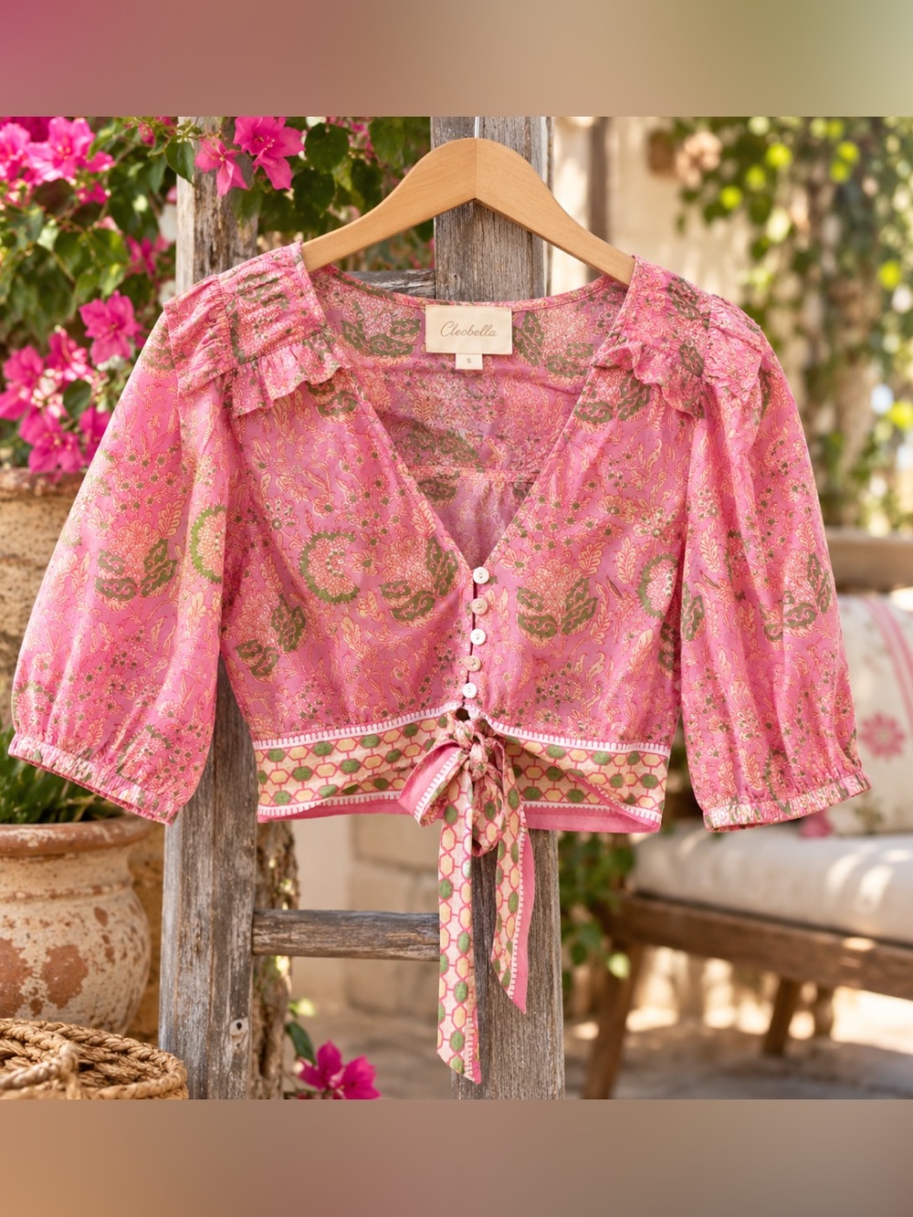 CLEOBELLA AMINA PINK ORGANIC COTTON TIE FRONT TOP SIZE S